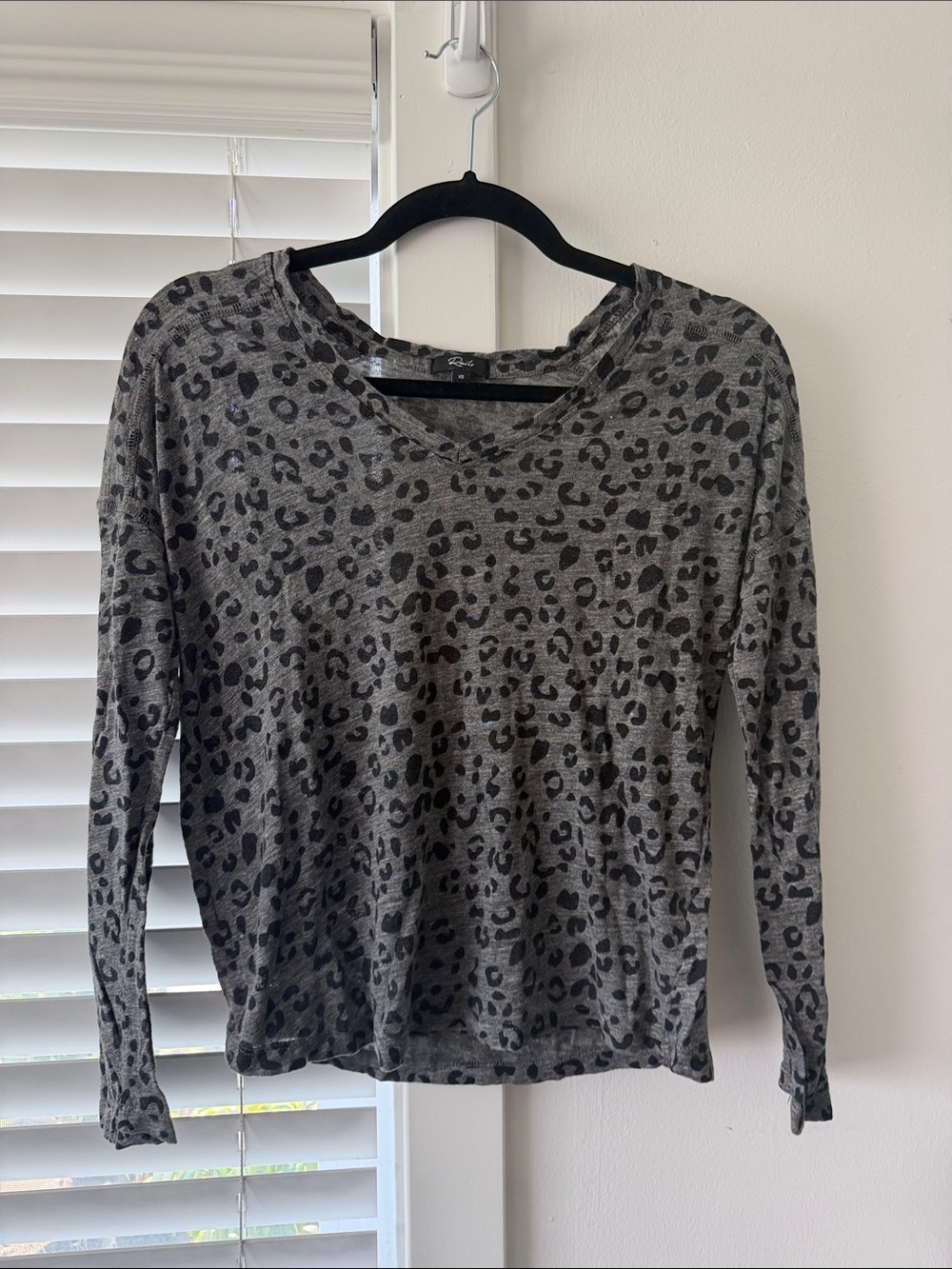 Rails Gray and Black Leopard Print V-Neck Long Sleeve Top